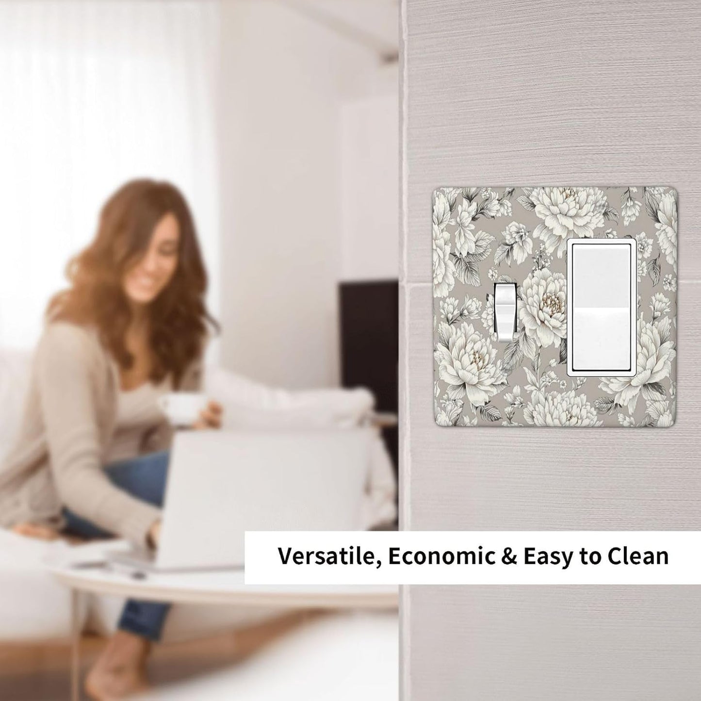 White Poppies Floral Modern Grey Peonies Flowers Outlet Covers 1 Toggle 1 Rocker Combination Light Switch Cover Plate Decorative Wall Plate Electrical Switch Plates for Bedroom Bathroom