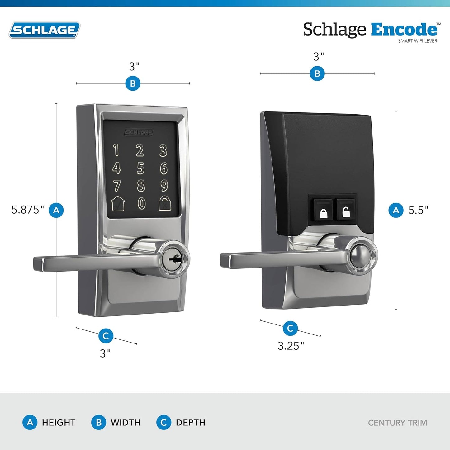 Schlage FE789WBCEN625LAT Encode Century WiFi Latitude Lever Smart Keyless Entry Touchscreen Door Lock, Bright Chrome
