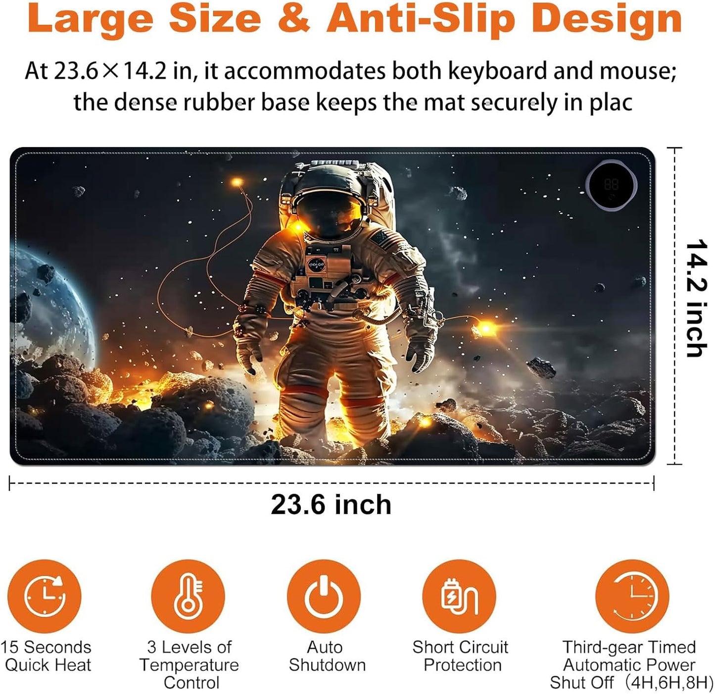Small Heated Desk Pad 23.6" x 14.2" – Compact Electric Mouse Pad with 3 Heating Levels, Auto Shut-Off, Waterproof PU Surface, Plug-in Warmer for Office or Home Use, Astronaut