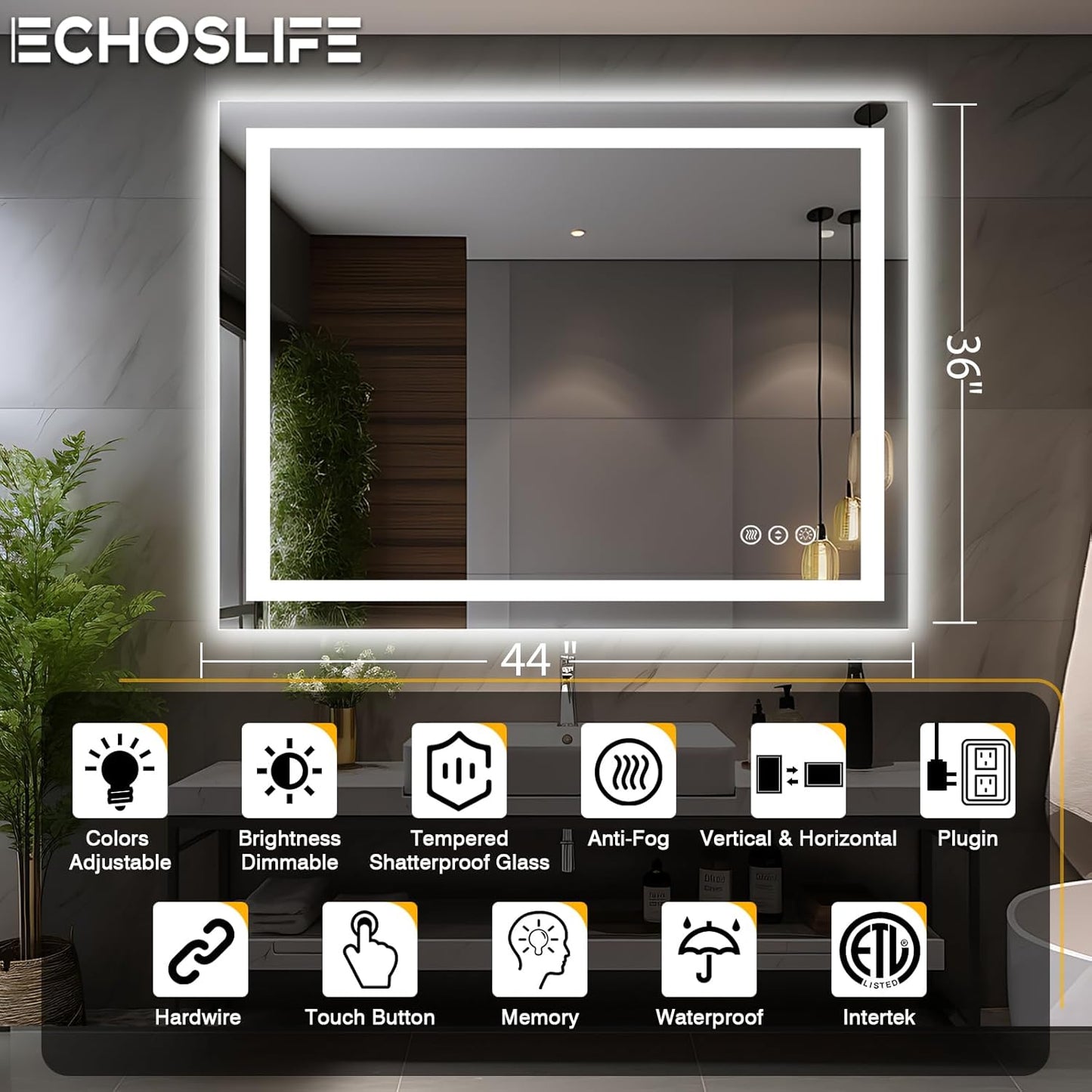 44"x36" LED Light Mirror for Bathroom (Front and Backlit), Anti-Fog Bathroom Vanity Mirror, Stepless Dimmable Lighted Mirror, Tempered Glass, Memory (Horizontal/Vertical)