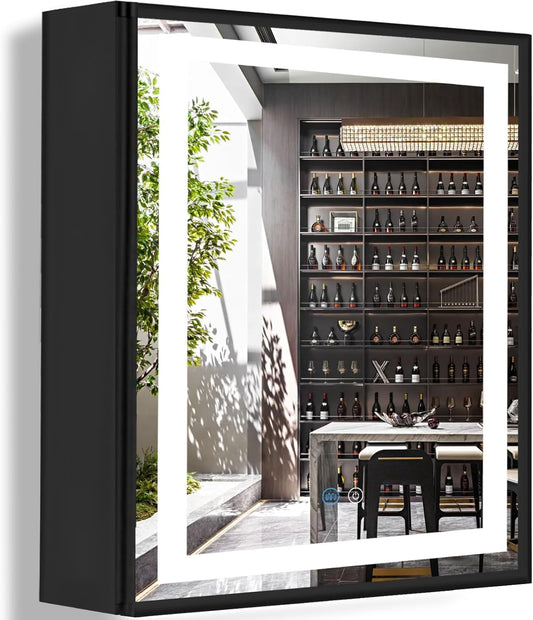 32 x 20 Inch Black Medicine Cabinet Mirror with Lights, 3 Color Lights, Memory Adjustable Brightness, Moisture Resistant, Bathroom