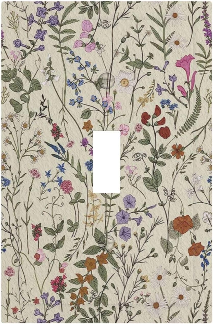 Beige Background Boho Flowers Plant Leaf 1 Gang Light Switch Covers Single Toggle Wall Plate Decorative Switchcover Electrical Switchplate for Country Bathroom Bedroom Decor
