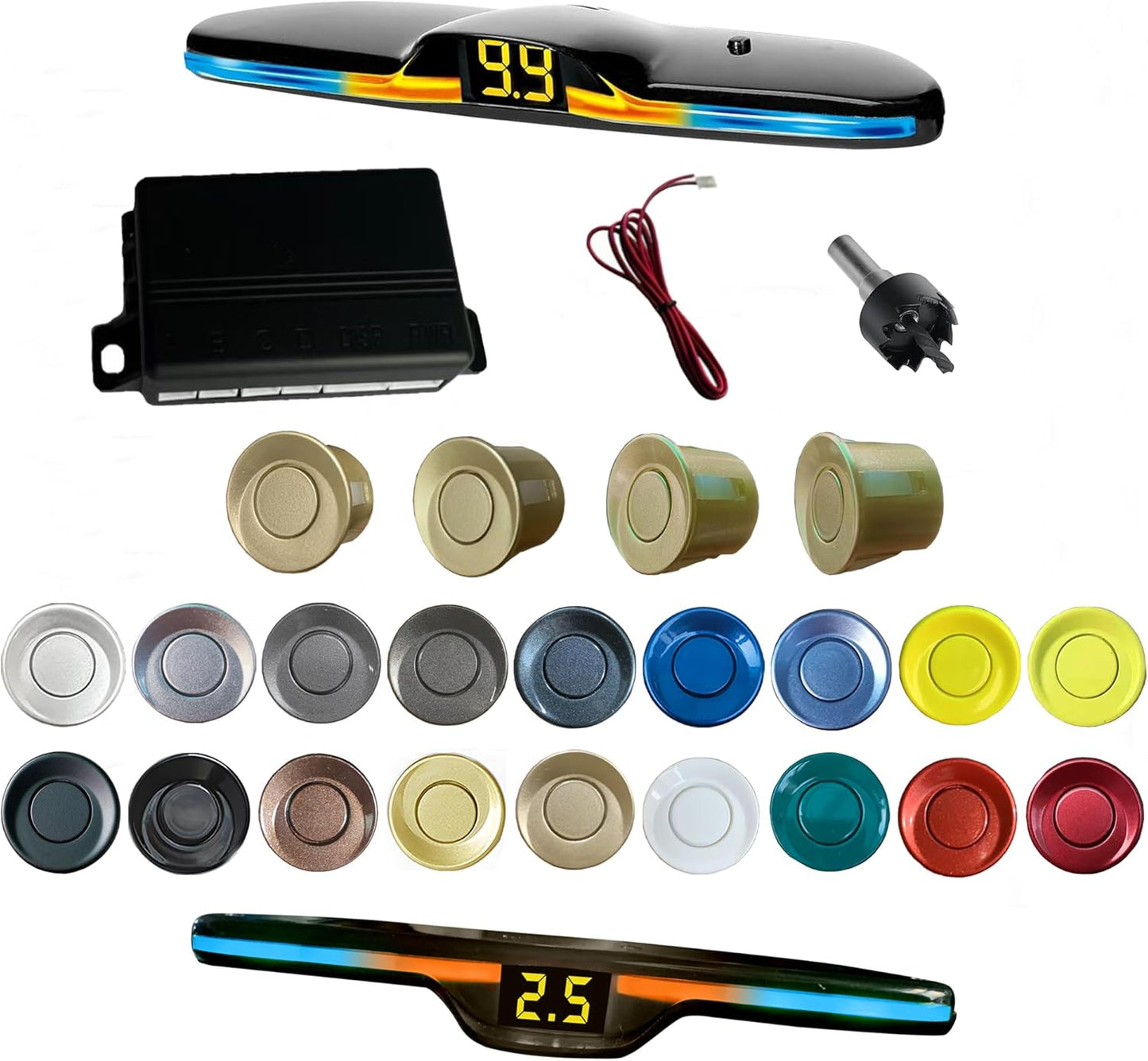 New Feature Rear Parking Sensor with Selectable Distance in Feet, Bidirectional Display Options, and Customizable Numeric Orientation and There are 18 Color Probes to Choose from(Champagne Gold)