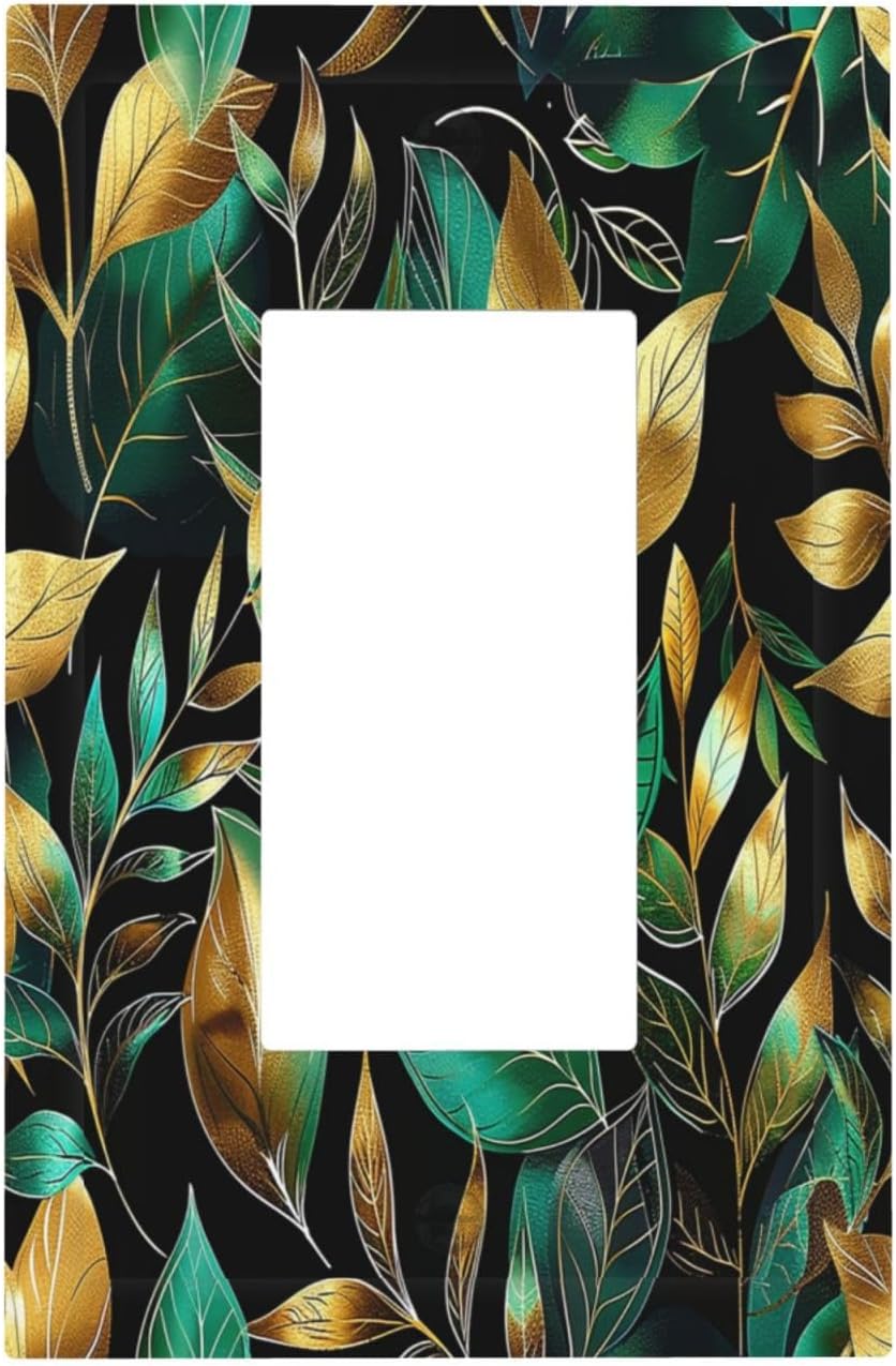 Decorative Outlet Covers Vintage Dark Green Vine Leaf Golden Plants 1 Gang Single Rocker Light Switch Cover Plate Wall Plates GFCI Faceplate for Bed Room Cabin Decor