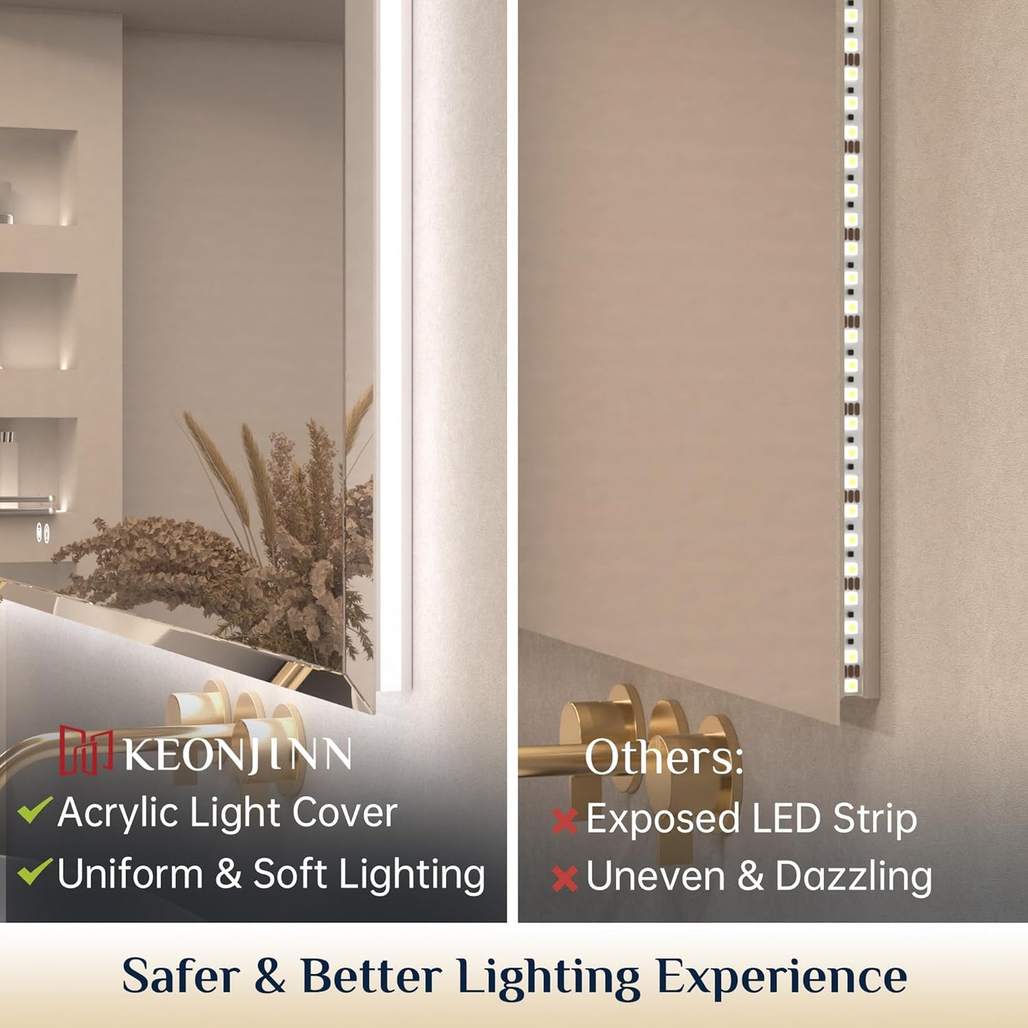 Keonjinn 36 x 36 Inch Square LED Mirror with Backlight, Backlit Bathroom Mirror Beveled Edge, HD Tempered Glass, UL-Listed LED Driver, 3 Color Lights, Safe Defogging, Dimmable, Decorative Mirror