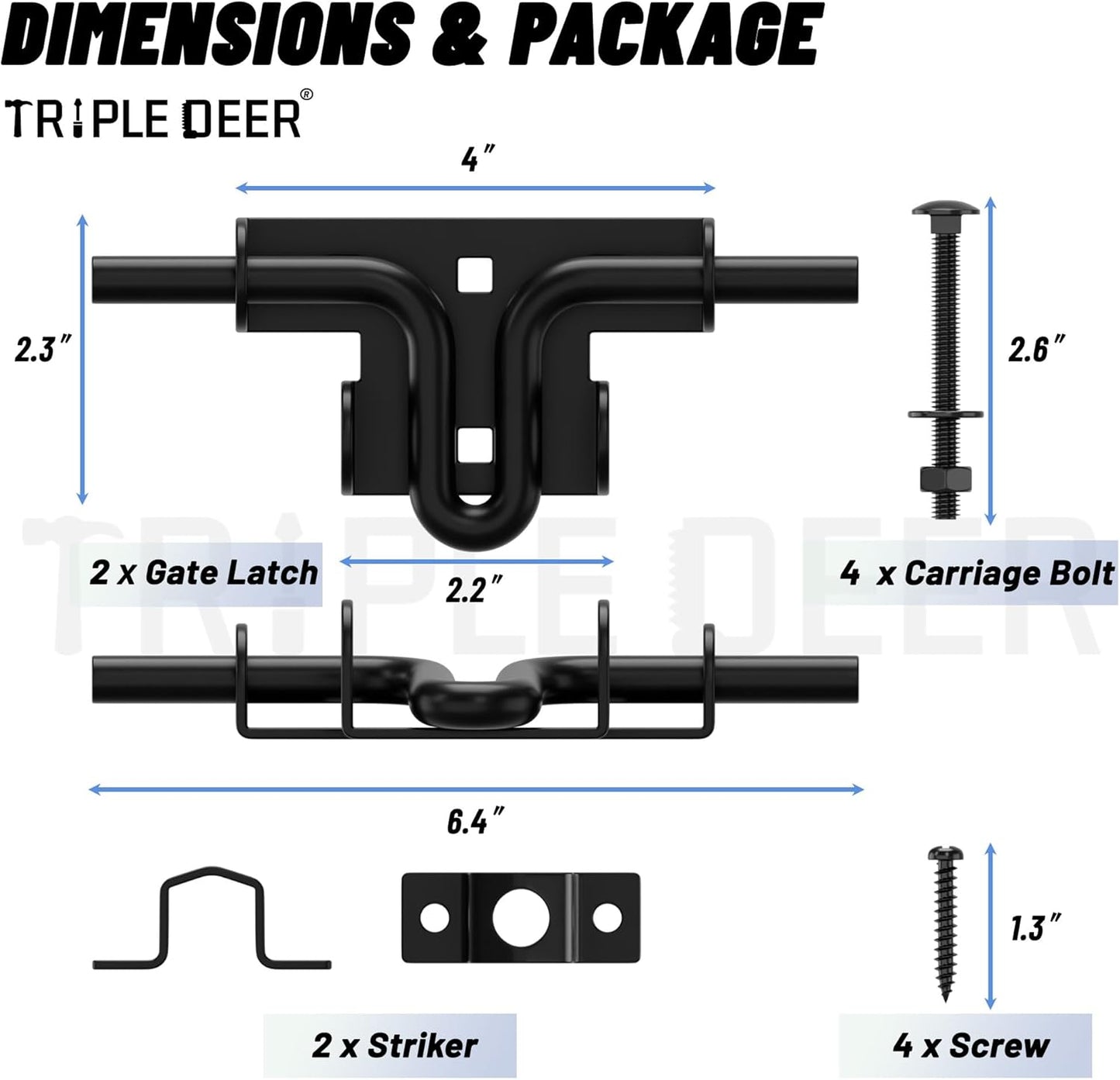 TRIPLE DEER Heavy Duty Sliding Bolt Gate Latch with Padlock Hole & Carriage Bolt, Slide Bolt Hardware for Wooden Fence/Yard Fence/Shed Door/Barn Door, Black, 2 Pack