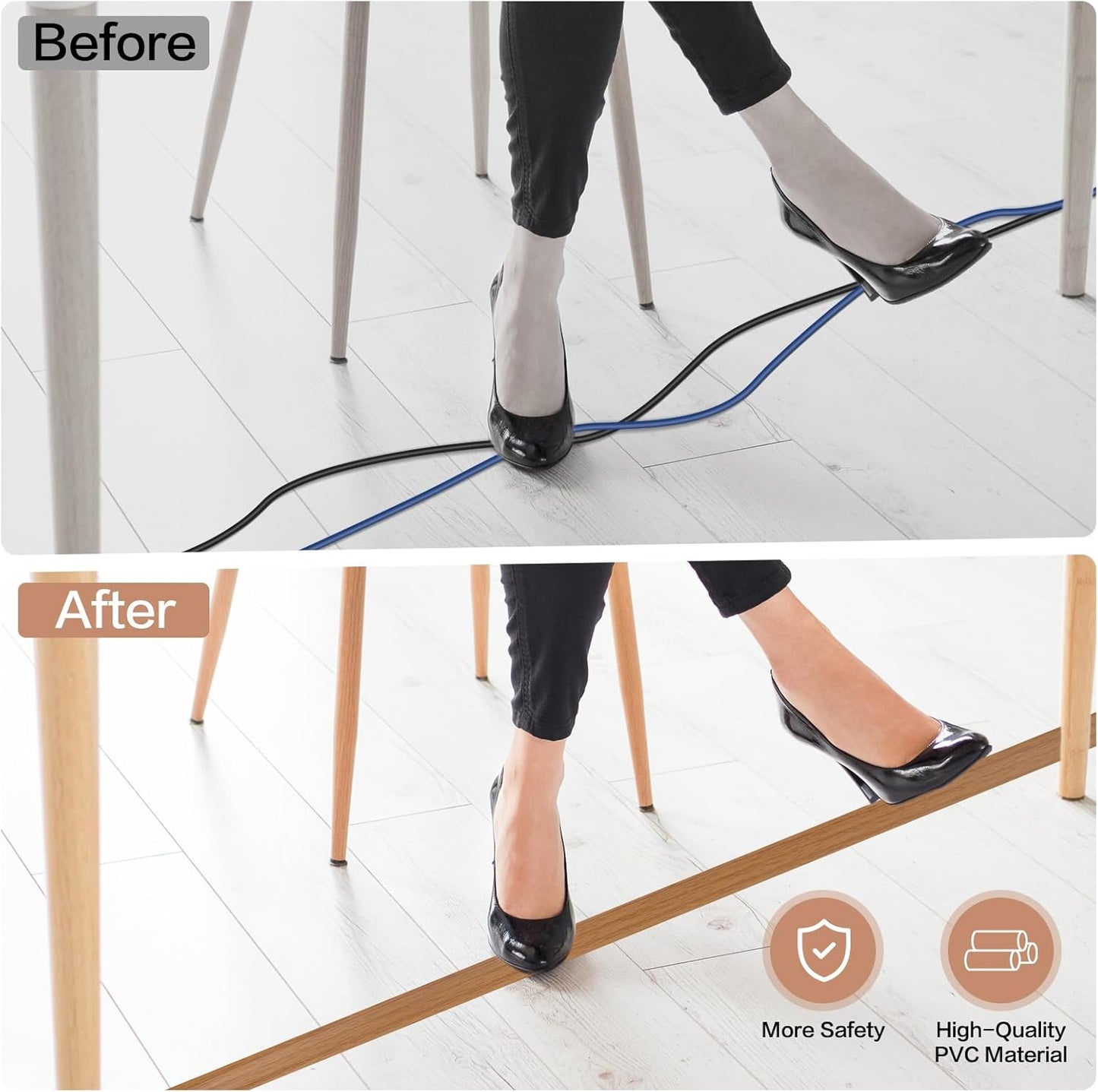 Floor Cord Cover Self Adhesive Cord Hider Floor Extension Cord Covers for Floor Power Cord Protector Cable Management Prevent Cable Trips Cable Cavity 0.59" W x 0.31" H (Light Brown Wood, 20Ft)