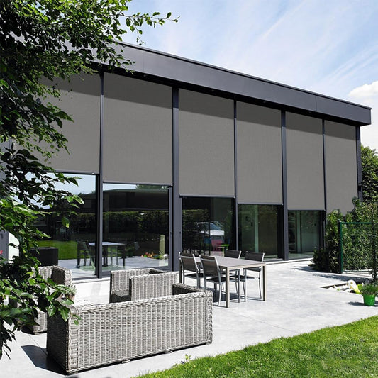 ZSHINE Hard-Wired Outdoor Snow Blocking Weatherproof Motorized Patio Roller Shades Remote Control for Porch Balcony Customized Size (Light Grey 1% Openness)