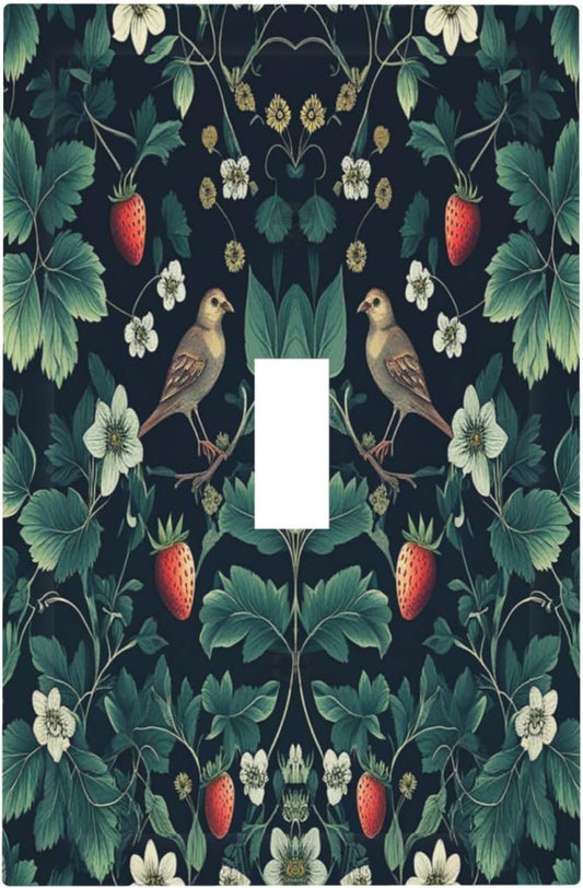 Decorative Light Switch Cover Strawberry Birds Flowers Plant Morris Floral 1 Gang Single Toggle Device Electrical Faceplate Switchplates Decorator Outlet Wall Plate for Bedroom Farmhouse