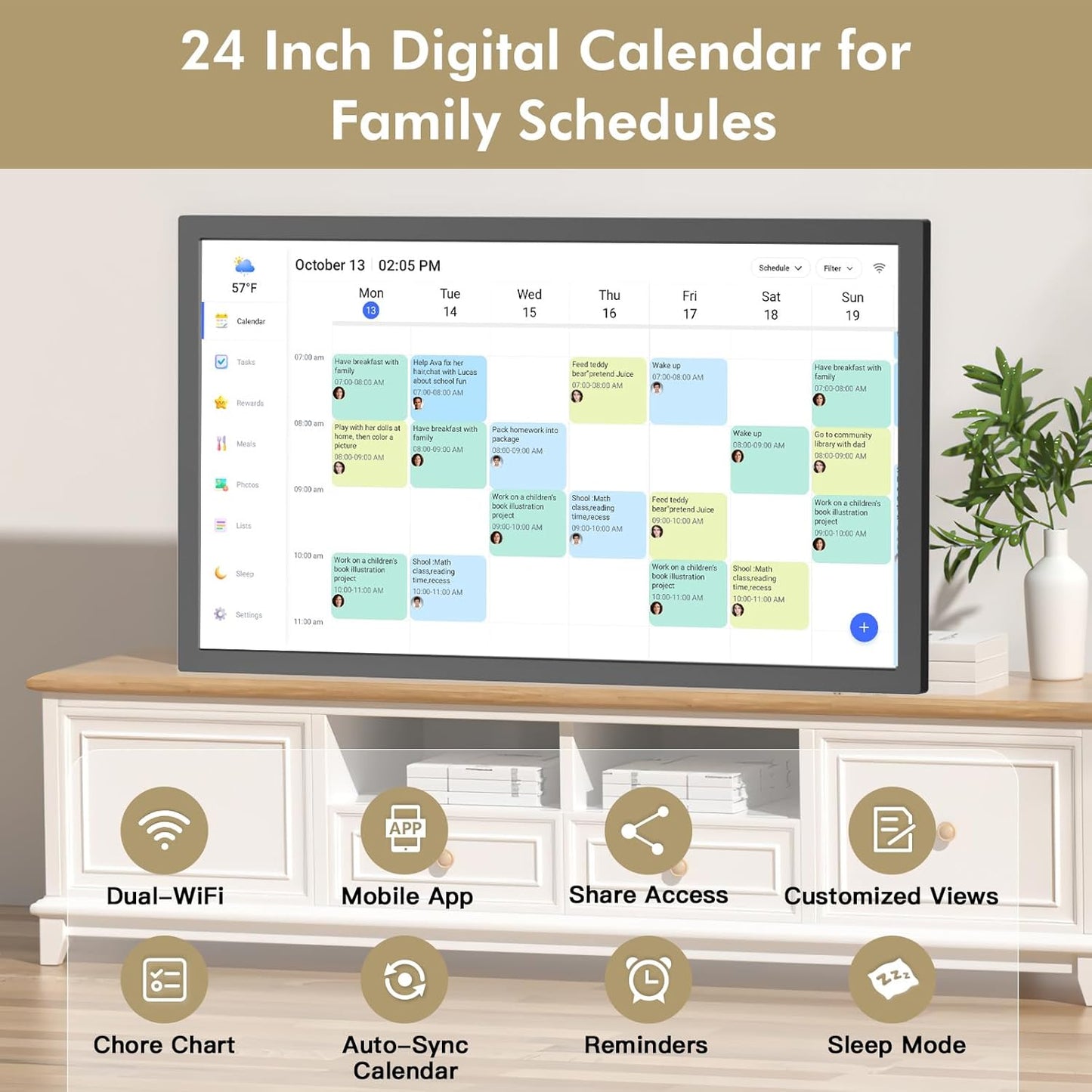 24" Smart Digital Calendar Chore-for-Family-Schedules - Wall Mounted Interactive Electronic Calendar Touchscreen Display for Bussiness To do List, Auto-Sync Google iCloud Outlook, Gift for Parents