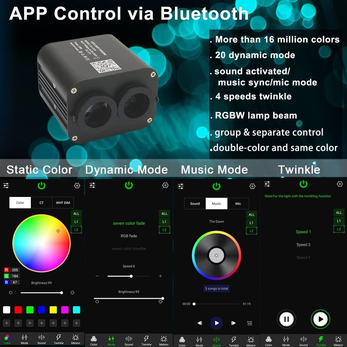AZIMOM Dual Color 20W Twinkle Fiber Optic Starlight Kits 600pcs*0.03in*9.8ft Fiber Strands End Glow Sound Activated Remote APP Control RGBW Light Source Home Car Ceiling Headliner Décor