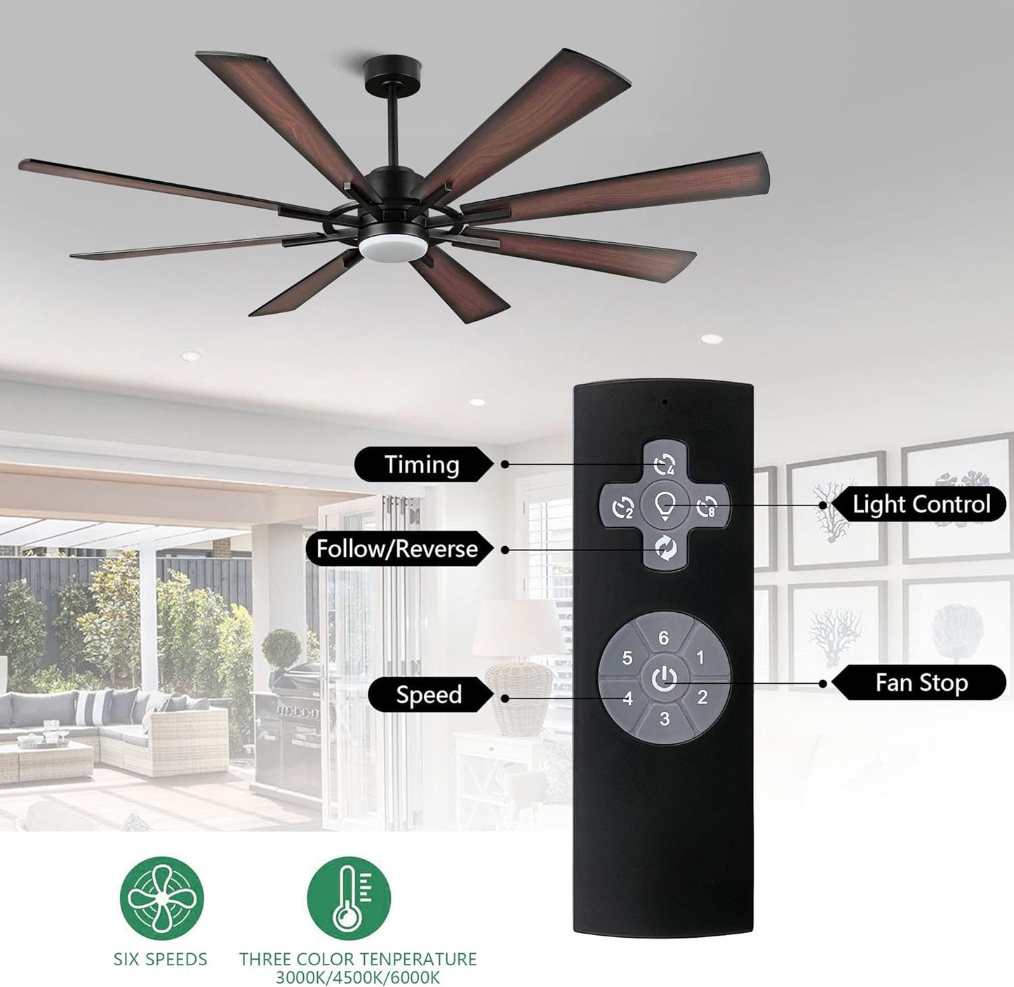 WINGBO 72" DC Ceiling Fan with Lights and 3 Downrods, Matte Black Ceiling Fan with Walnut/Walnut Shadowed Reversible Blades, 6-Speed DC Motor, Indoor Ceiling Fans for Kitchen Bedroom Living Room