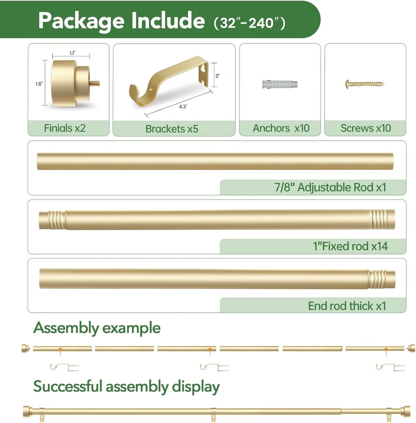 Curtain Rods for Windows 32 to 240, 1 Inch Adjustable Gold Heavy Duty Long Window Curtain Rod, Modern Outdoor Drapery Rods with Simple End Caps, Size 32"-240"