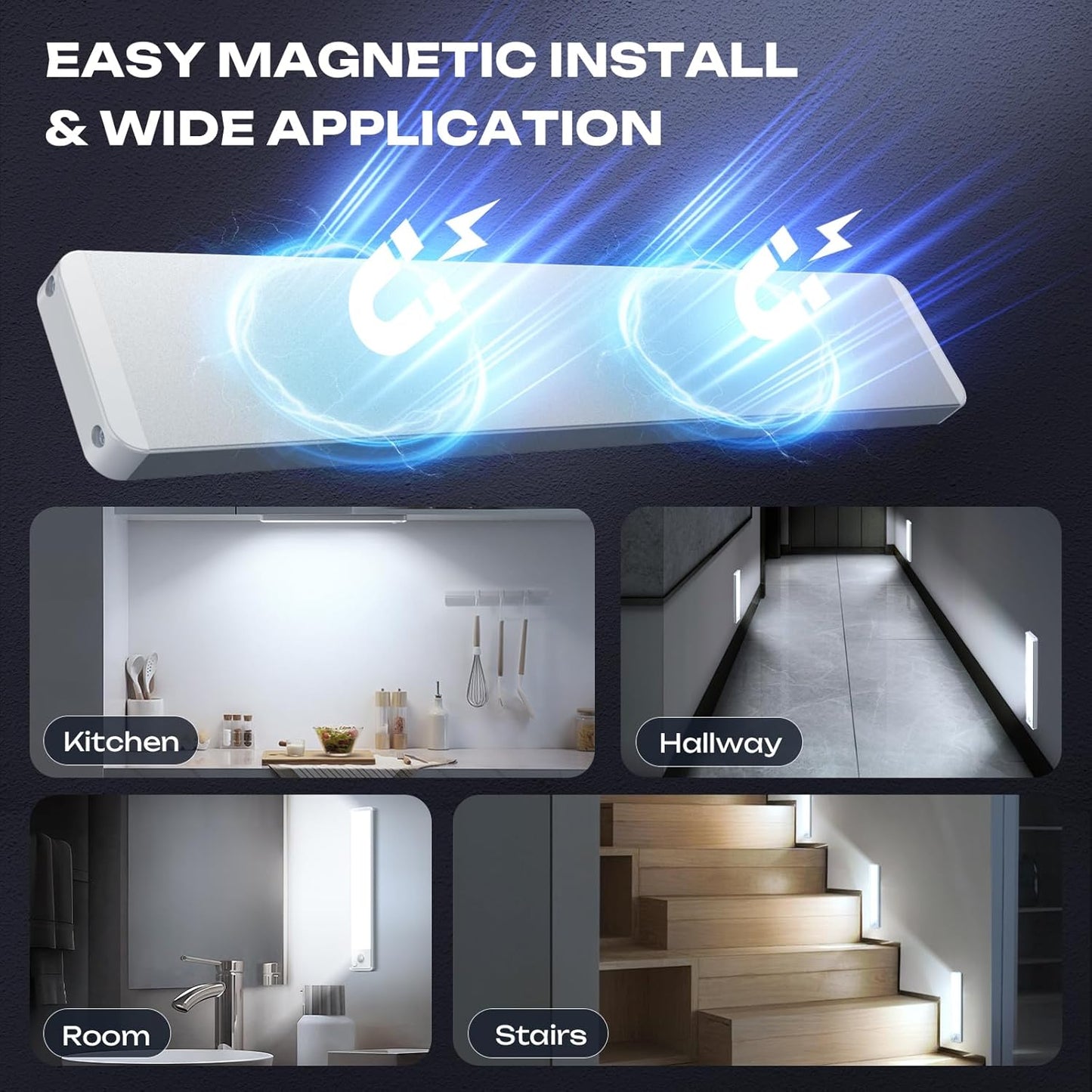 2 Pack Under Cabinet Lighting Wireless 10inch LED Motion Sensor Magnetic Light 2200maAh Rechargeable Indoor Closet Lights for Kitchen, Stairs Cool White
