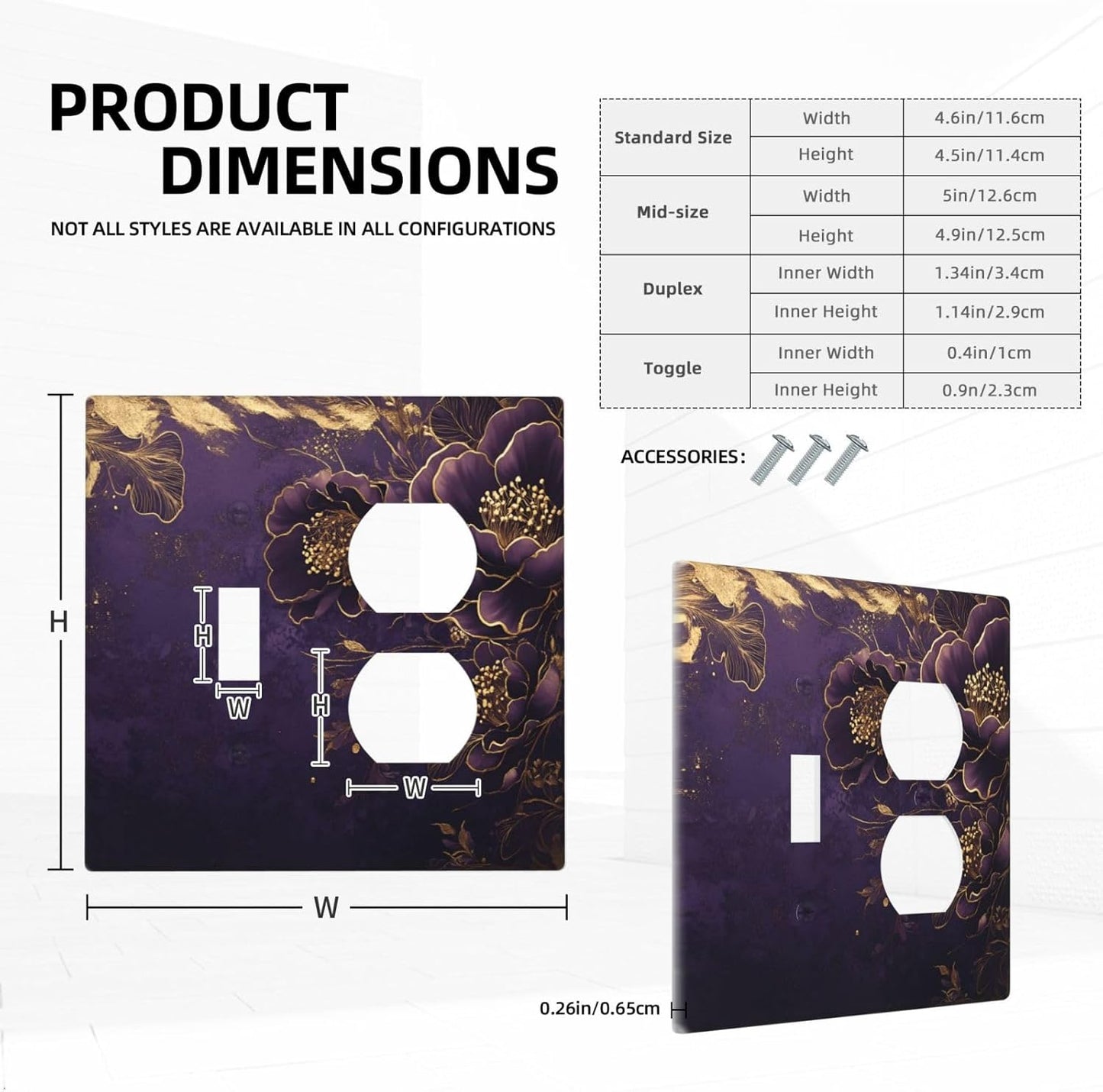 Decorative Outlet Covers Vintage Purple Peony Gold Leaf Flowers Floral 2 Gang Wall Plate Single Toggle Duplex Light Switch Cover Switch Plate Covers Faceplate for Bedroom Home Decor