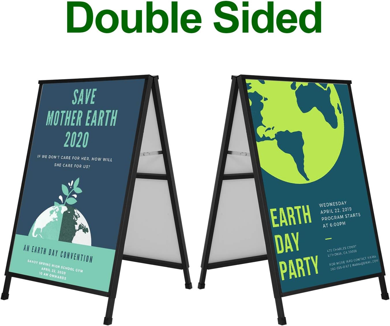 Heavy Duty A-Frame Sidewalk Sign 24 x 36 Inch, Portable Double-Sided Sandwich Board Slide-in Folding Metal Signboard with 2 Plastic Poster Boards