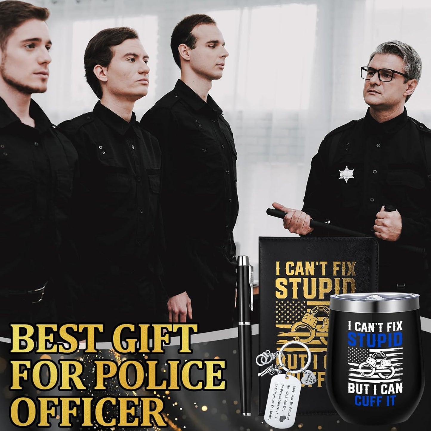 6 Pcs Police Officer Gifts for Men Law Enforcement Gifts 12 oz Stainless Steel Cup Socks Keychain Pen Notebook Box for Correctional Officer Cop First Responder Policeman Gear Accessories