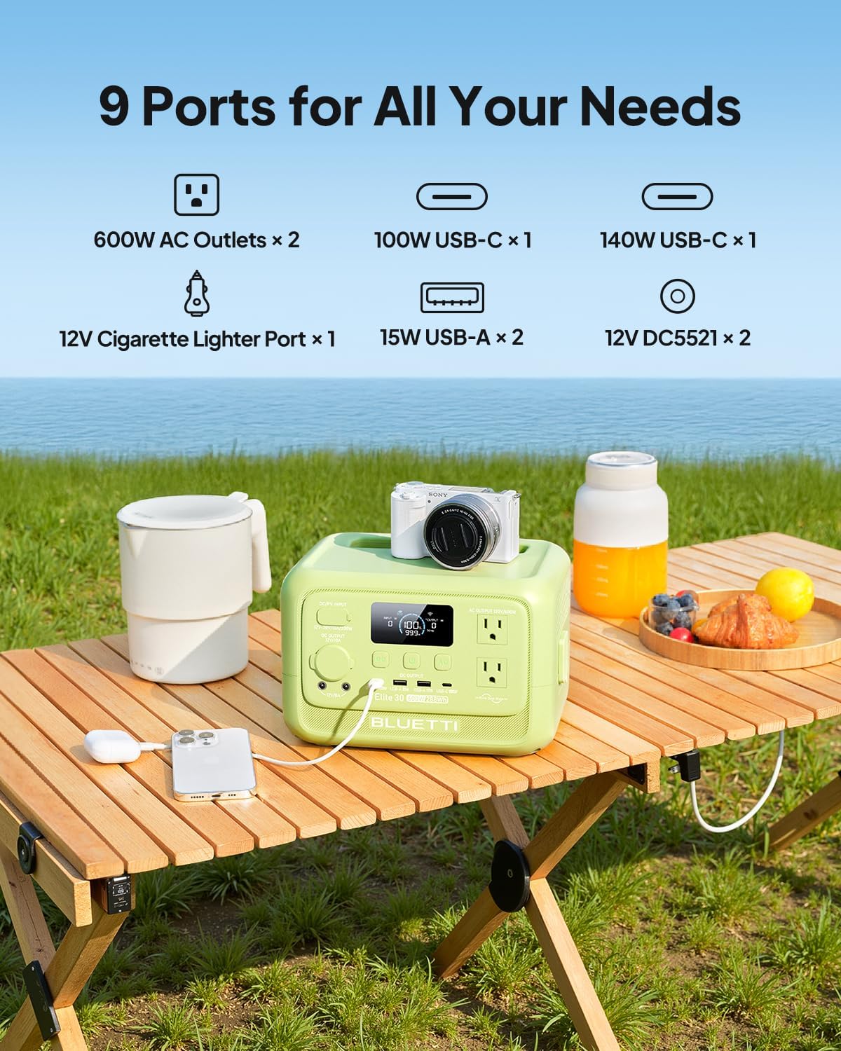 BLUETTI Elite 30 V2 Portable Power Station, 288Wh LiFePO4 Battery with 600W AC Outlet (Power Lifting 1500W), Fast Charge Solar Generator, UPS Backup Power for Camping, Road Tours, Outage, Adventure