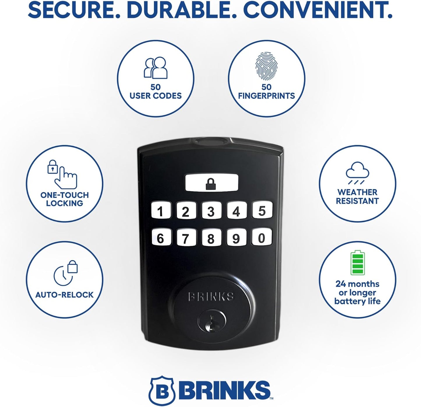 BRINKS Security Door Locks, High-Security Keyless Entry, Smart Electronic Door Lock with Deadbolt, Up to 50 Codes, Automatic Locking (Deadbolt & Passage Lever, Matte Black)