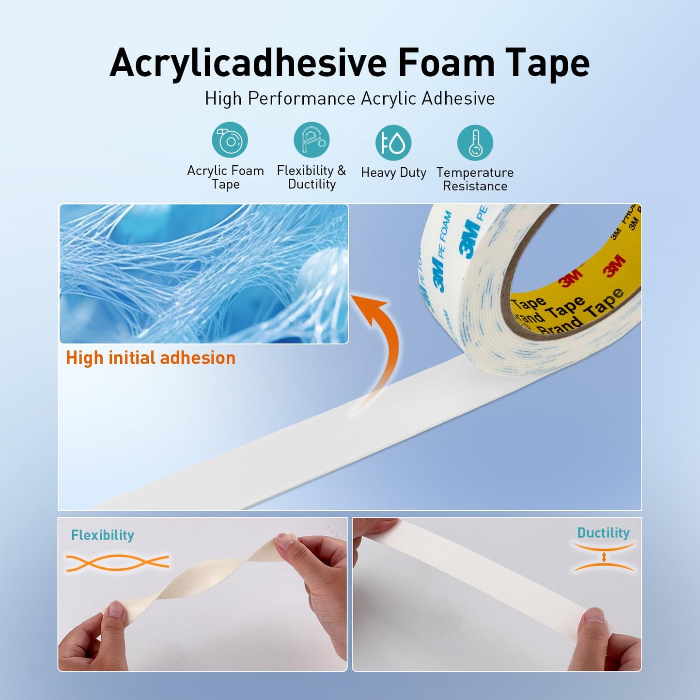 Double Sided Tape Strong Foam Tape 3/4" x 18Ft Made of 3M Heavy Duty Mounting Tape Waterproof PE Foam Adhesive Strips for Posters Alarm Sensors Window Shades and Other Home Office Deco (Pack of 2)