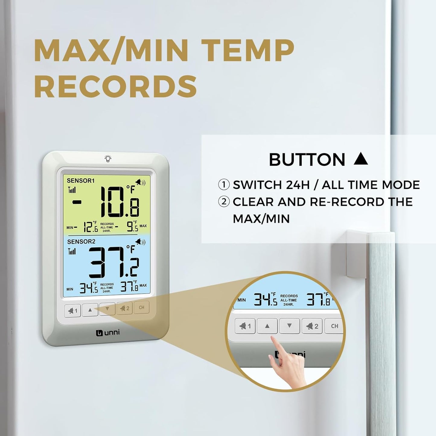 Refrigerator Thermometer with Alarm, Digital Wireless Fridge and Freezer Thermometer, Max Min Temperature Records with Magnetic & Stand Options for Home Restaurant