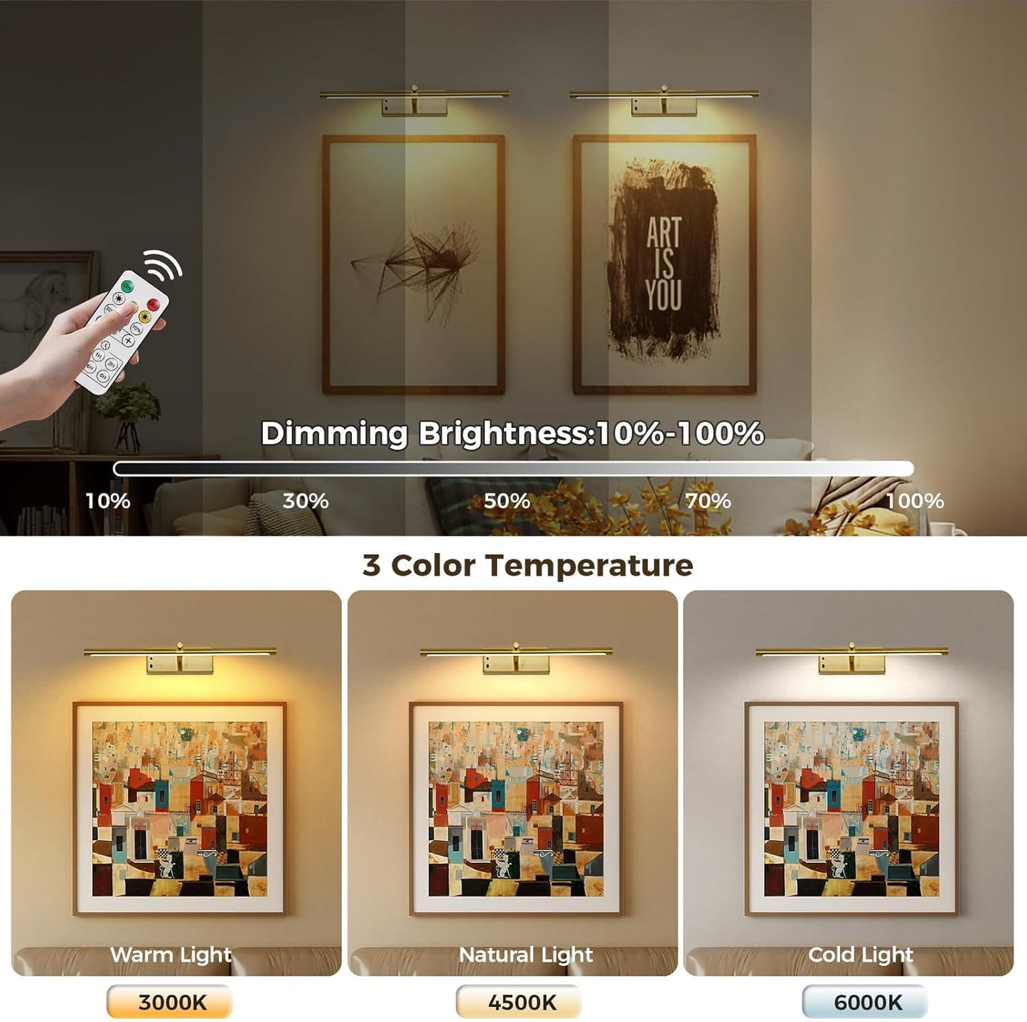 Joosenlux modern brass picture light - 16in rechargeable wireless wall lights with Remote, adjustable Swing Arm, dimmable 3cct battery operated lamp for art Display, photo gallery canvas and paintings