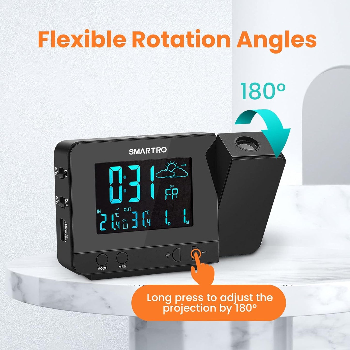 SMARTRO SC31B Digital Projection Alarm Clock with Weather Station, Indoor Outdoor Thermometer for Bedrooms, USB Charger, AC Battery Operated