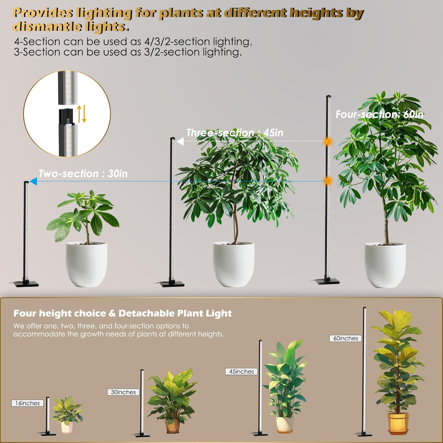 Grow Light with Auto-Timer, Hanging and Standing Grow Lights for Indoor Plants,3 Light Modes, Detachable Full Spectrum Plant Lights for Wide Area Coverage in Indoor Plants (60 in)