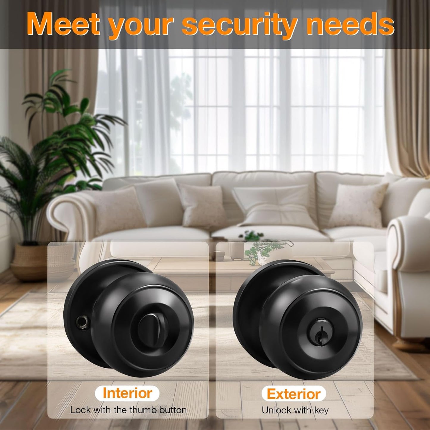 Gobrico 2 Pack Keyed-Alike Exterior Door Knobs with Key Matte Black Entry Door Knob Flat Ball Door Locksets with Same Key and Lock Front Door Knob