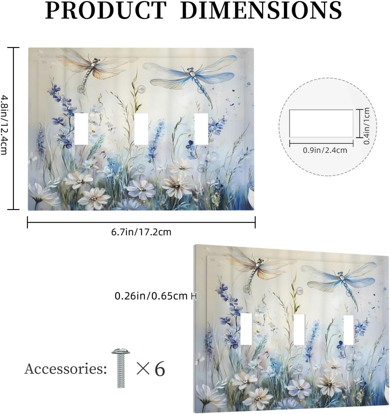 Decorative Light Switch Cover Plate Watercolor Dragonfly Blue Wihte Flower 3 Gang Wall Plates for Electrical Outlets Triple Toggle Switch Plate Covers Outlet Covers Faceplate for Home Decor