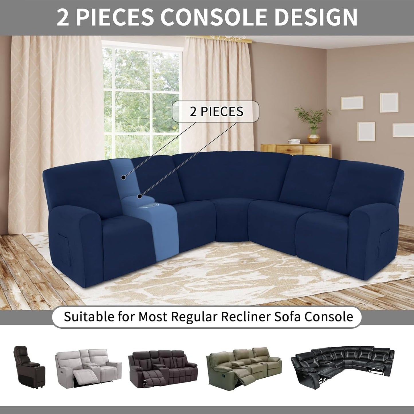 Easy-Going 100% Waterproof Recliner Console Cover, Stretch Middle Console Couch Covers for Reclining Sofas, Sectional L-Shape Furniture Protector for Kids & Pets, 1 Console Cover, Navy