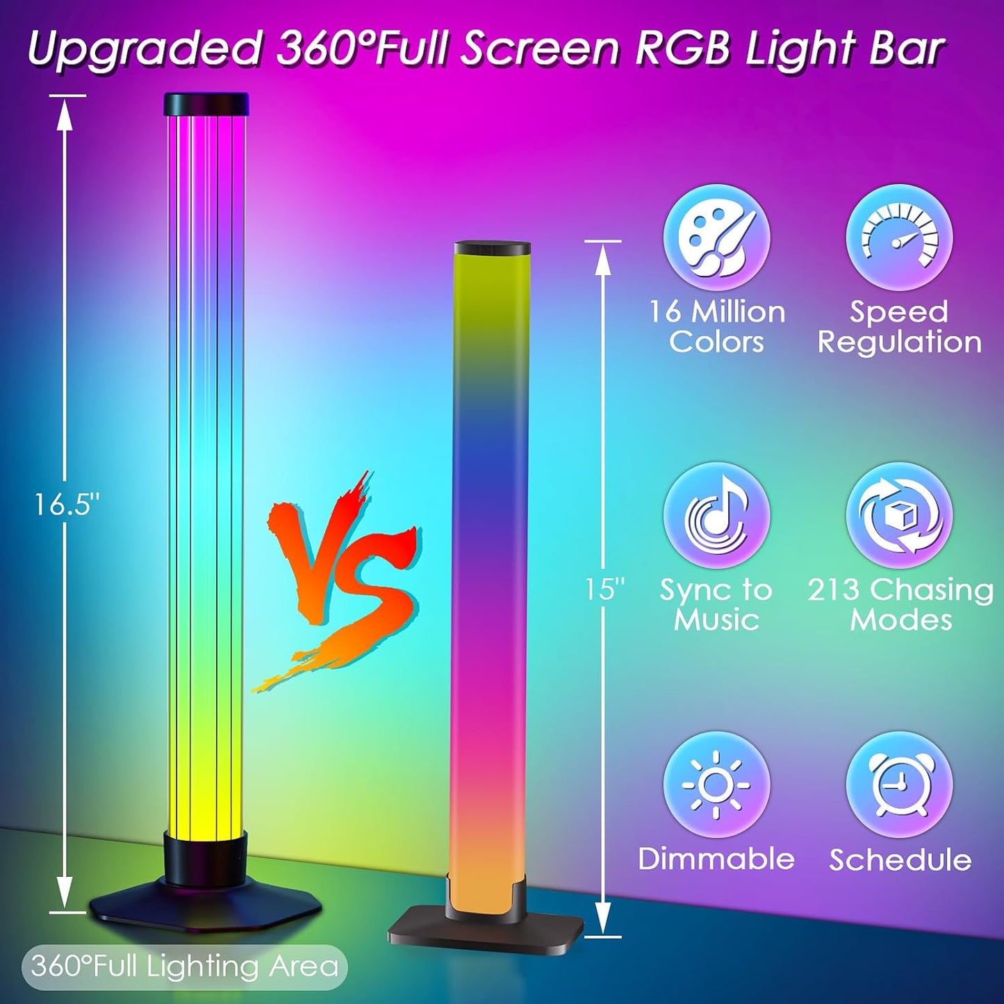 360° Smart Light Bar, Crystal Ambient Mood Light with 16 Million Colors, 213 Preset & 8 Scene Modes, Music Sync, Sound Active, 3 Modes Control RGB & IC Colorful Backlight for TV/Monitor/Gaming/Room