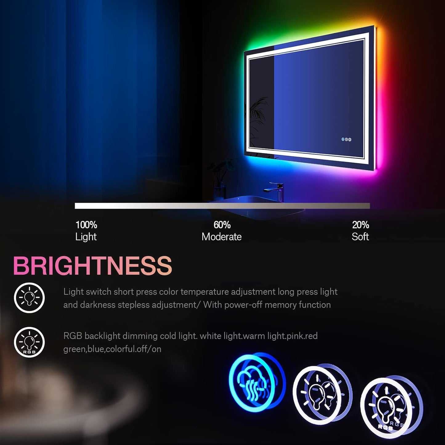 40x30 Inch RGB LED Bathroom Mirror with Lights, Color Changing RGB Backlit LED Mirror for Bathroom,Lighted Vanity Mirrors for Bathroom Wall, Dimmable, Anti-Fog (RGB Backlit+Front-Lit)