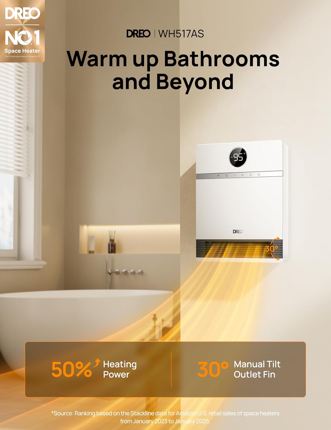 Dreo Smart Wall Heater, IP24 Electric Space Heater with ALCI Plug for Indoor Use, 30° Oscillation, Adjustable Thermostat, Remote Control, Works with Alexa, 24H Timer, Easy-mounted Heater for Bathroom