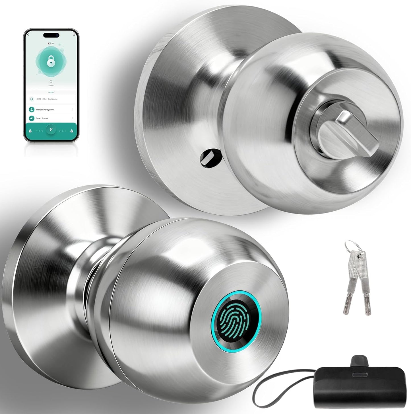 Fingerprint Door Lock, Smart Door Knob, Keyless Entry Door Lock with App Control, Thumbprint Door Knob with Extra Power Bank, Suitable for Home, Bedroom, Apartments, Office - Sliver