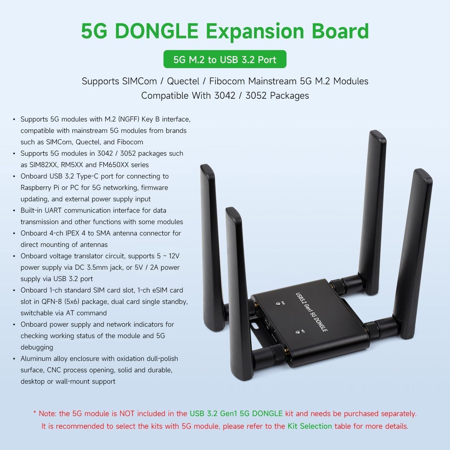 5G DONGLE Expansion Board ONLY, USB 3.2 Port, Onboard M.2 Key B Interface, Quad Antennas, Aluminum Alloy Case, 5G Module NOT Included @XYGStudy (USB 3.2 Gen1 5G DONGLE)