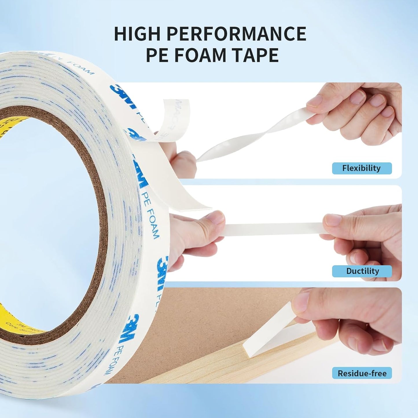 3M 1600T Double Sided Tape, PE Foam Tape 0.39" x 18 Ft White Removable Strong Adhesive No Residue for RV Picture Hanging, Posters Frames Wall Decor Indoor & Outdoor Use
