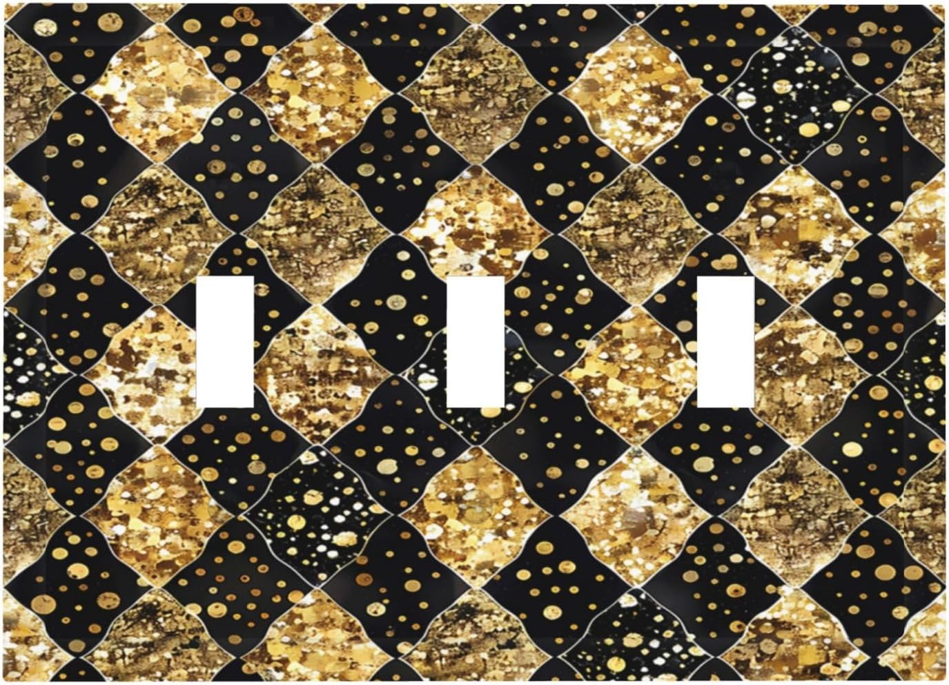 Gold Black Marble Geometric Plaid Glitter Decorative Switch Plates 3 Gang Wall Plate Triple Toggle Light Switch Cover Electrical Wall Panels Faceplate for Bedroom Bathroom Decor