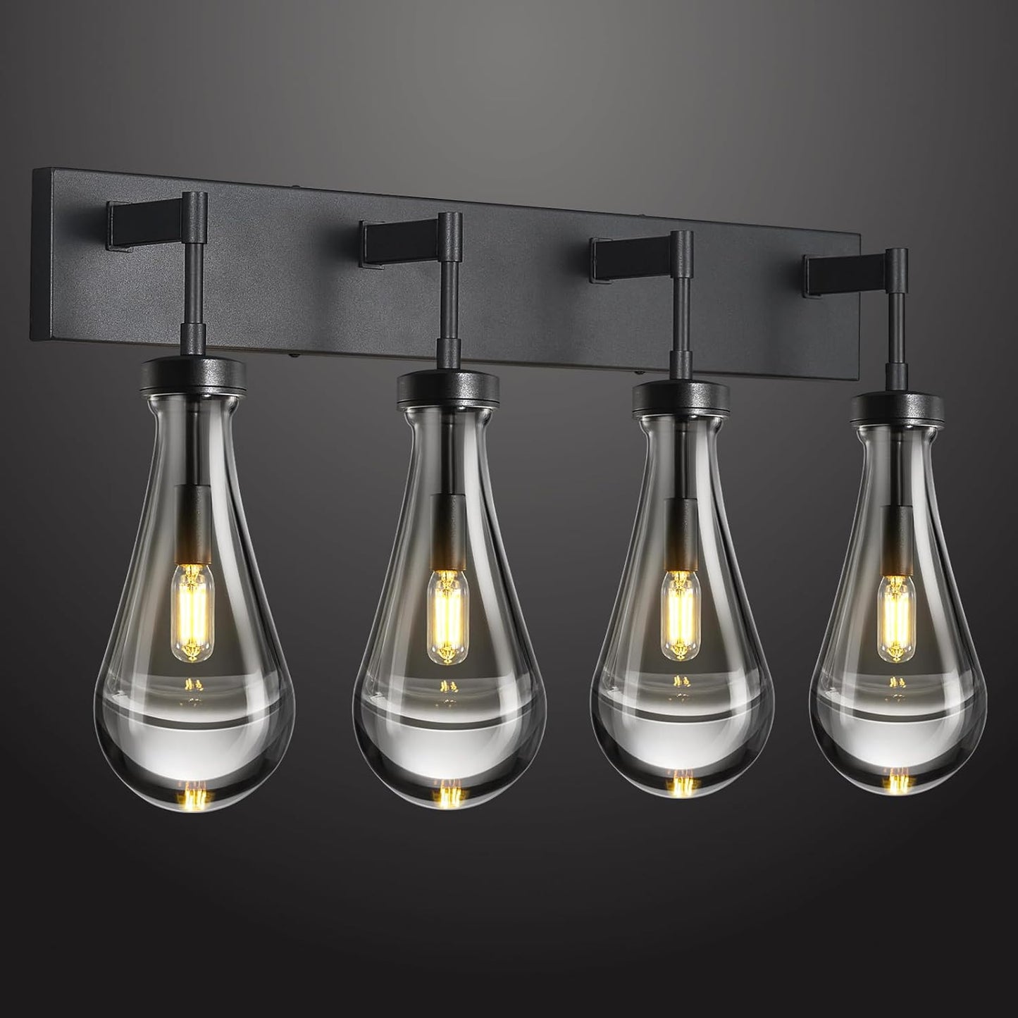 Raindrop Wall Sconces Black Crystal Sconces Wall Decor Modern Lighting Glass Bathroom Sconces Indoor Vanity Light Wall Lamp for Bedroom Living Room Stair(4-Light)