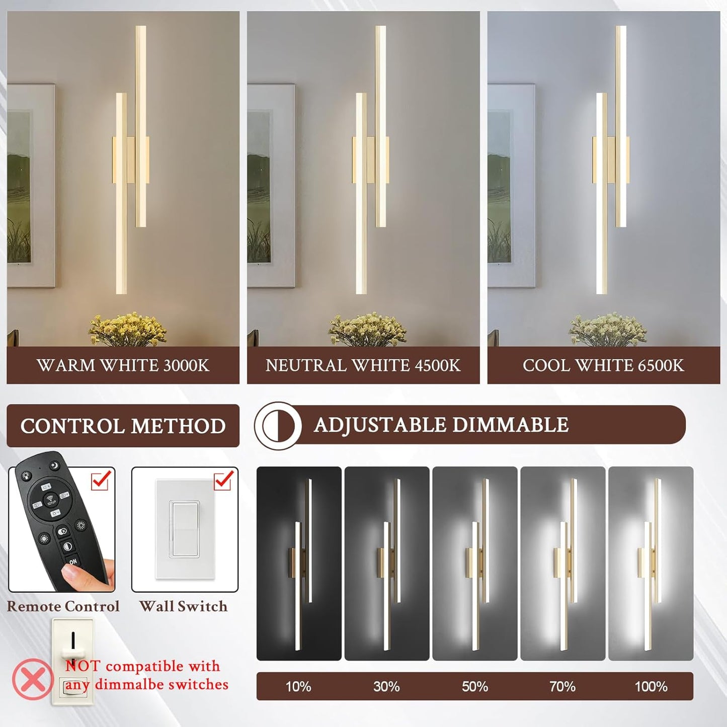LED Wall Sconce Set of 2 Gold Remote Modern LED Vanity Lights Set of 2 Indoor Wall Light Fixtures for Living Room, Dimmable Wall Sconce for Bedside Bedroom Bathroom, 31.5inch 2 Pack