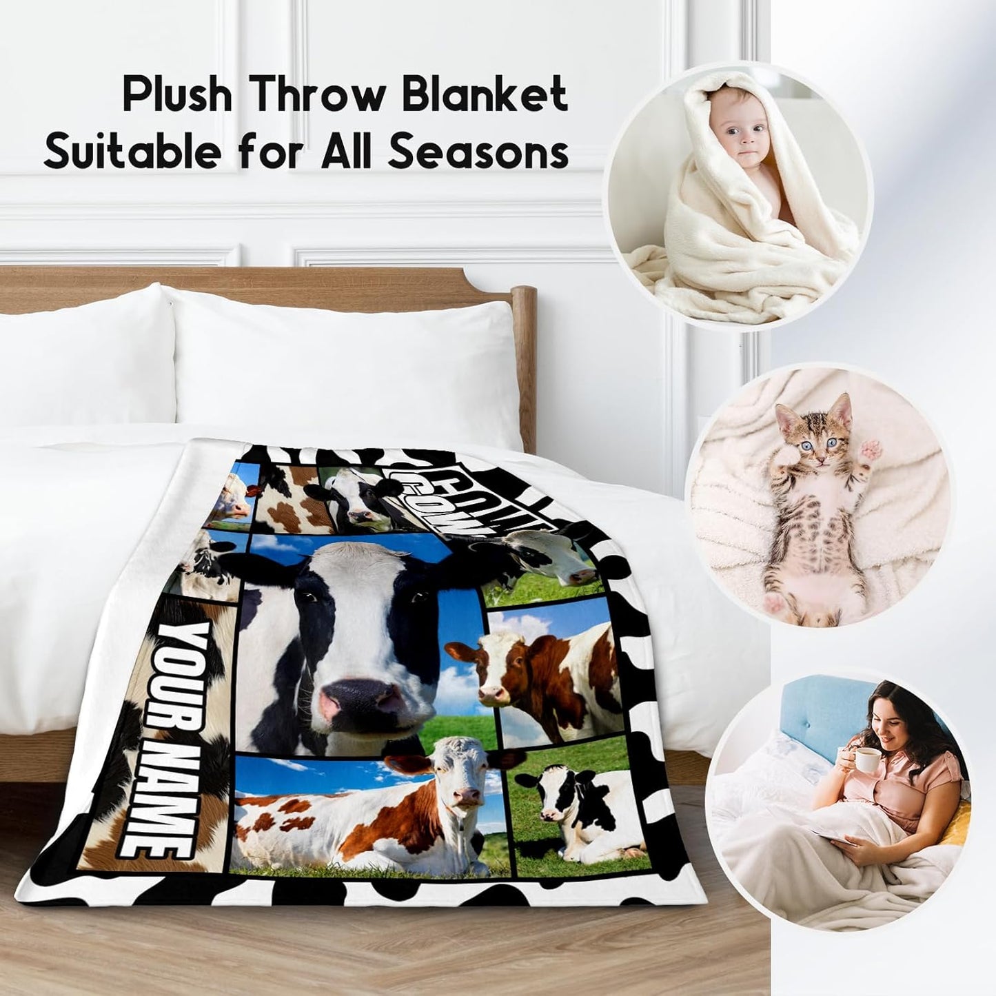 Custom Cow Blankets and Throws, Personalized Cow Gifts for Women Girls, Soft Fluffy Fuzzy Farmhouse Blanket Country Home Decor, 50"x60" Animal Pattern Throw for Couch Bed
