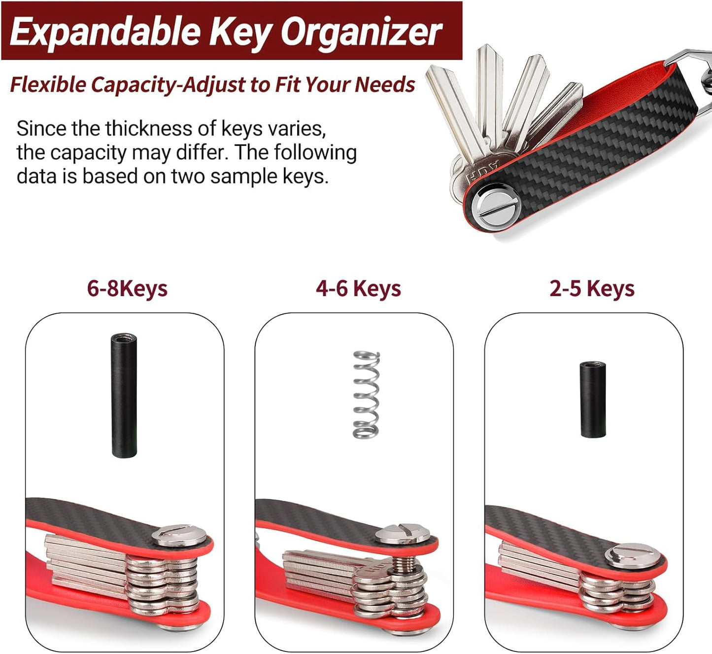 T-carbon Key Organizer, Carbon Fiber Leather Compact Key Holder, Silent Keychain, Expandable Key Case Holds Up to 8 Keys