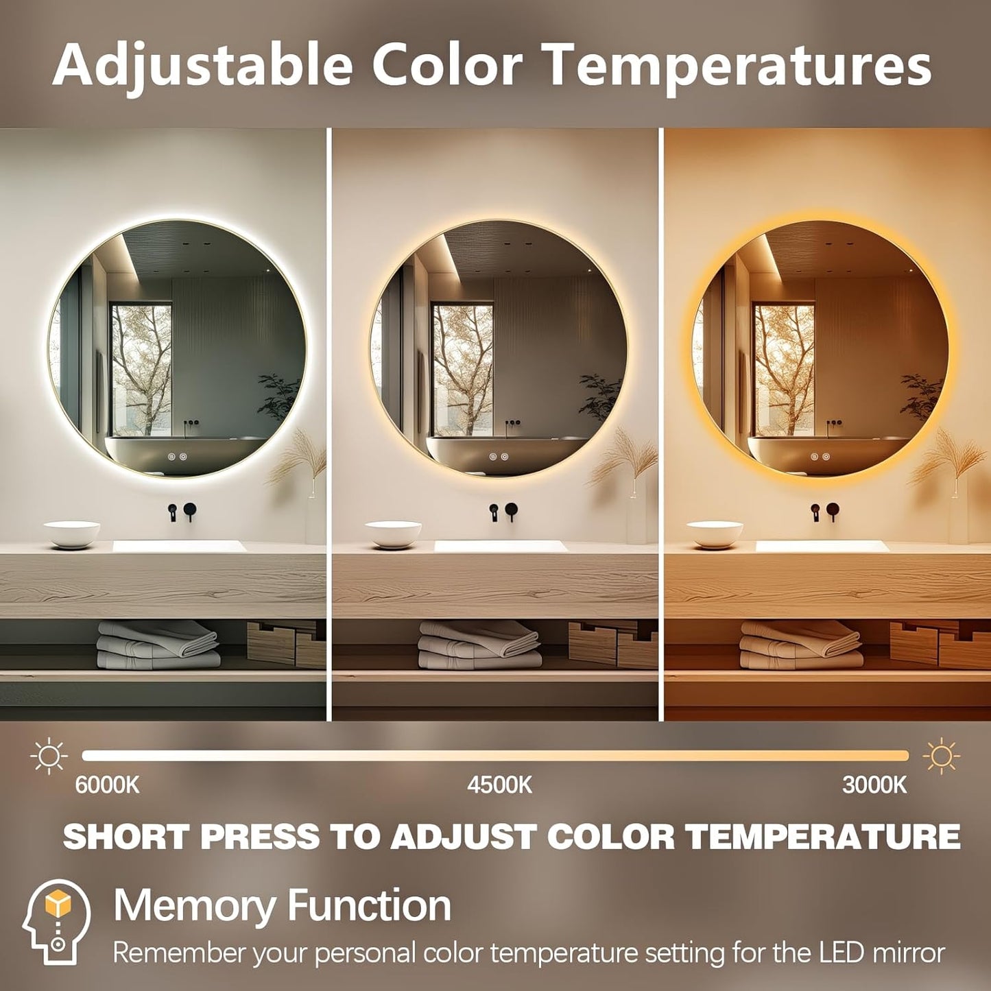 Niccy Round Led Mirror for Bathroom, 40" Backlit Mirrors for Wall Circle Lighted Mirror with Old Gold Frame Anti-Fog, 3 Colors, HD Glass and IP65 Waterproof