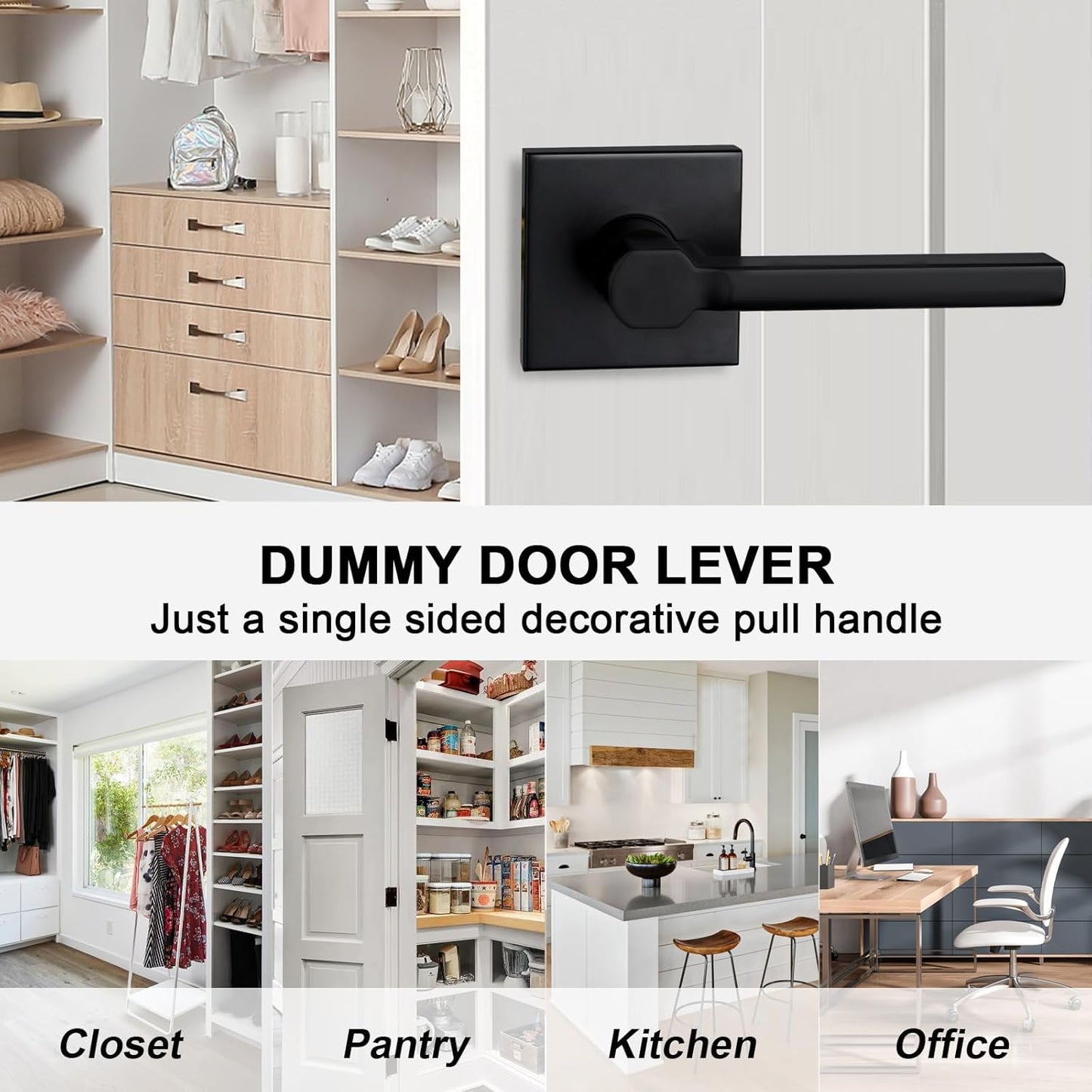 3 Pack Dummy Door Levers in Matte Black, Heavy Duty Interior Handle Lock for Closet Pantry, Non-Turning, Single Sided, Reversible for Left/Right Hand