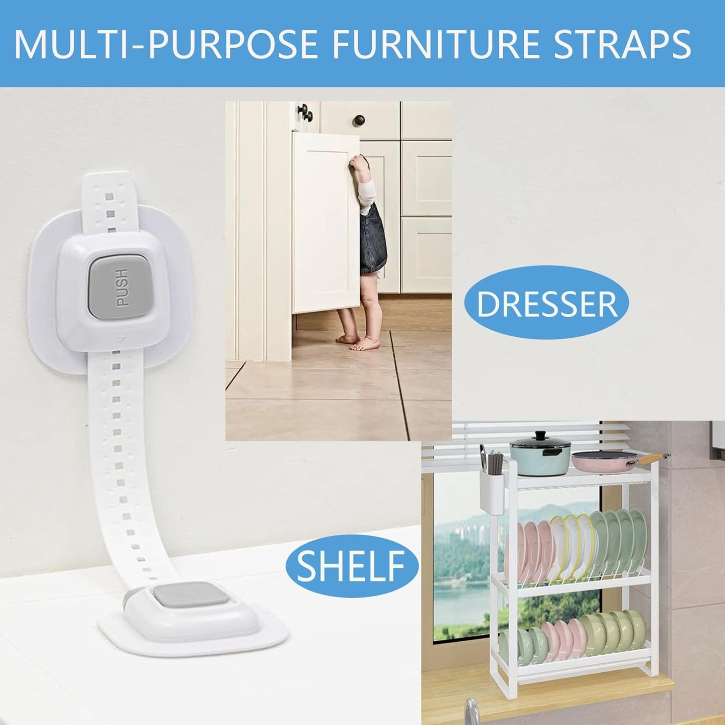 YEYA No Drill Anti Tip Furniture Adjustable Straps Wall Anchors for Baby Proofing with Strong 3M Adhesive Backing (Upgraded 4P)