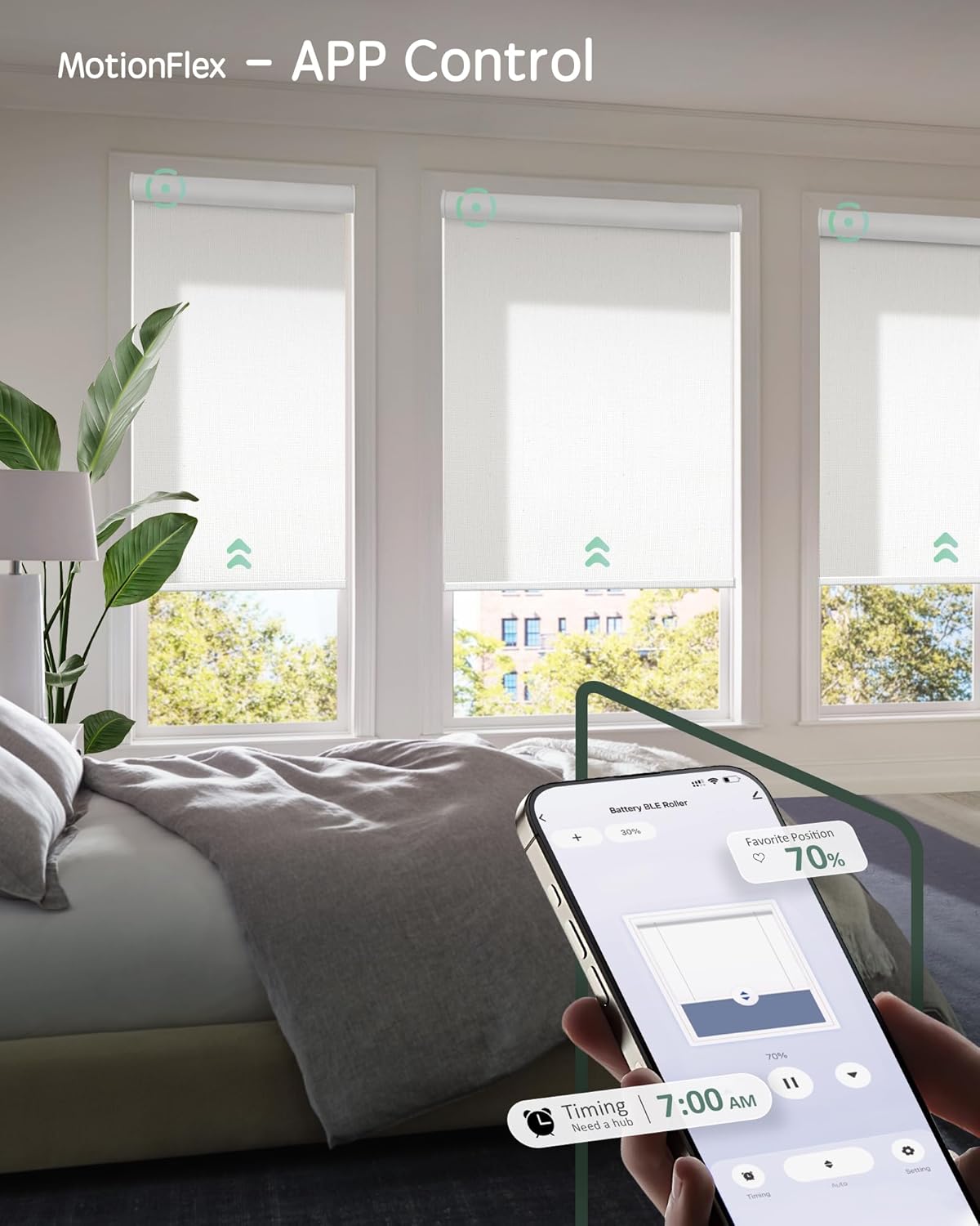 Yoolax Motorized Shades Dual Control, MotionFlex Motorized Roller Shades with App & Manual Control, Pull Down Automatic Shades for Indoor Windows, Custom Size(Light Filtering Pure White)