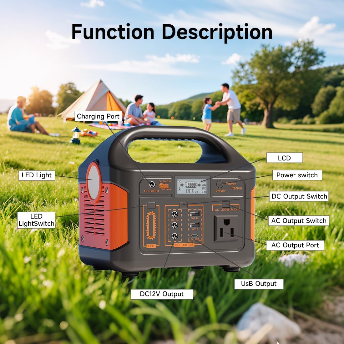 Portable Power Station 256Wh LiFePO4 Battery, 300W (Peak 600W) Backup Lithium Battery, Solar Generator for Outdoors Camping Travel Hunting Blackout
