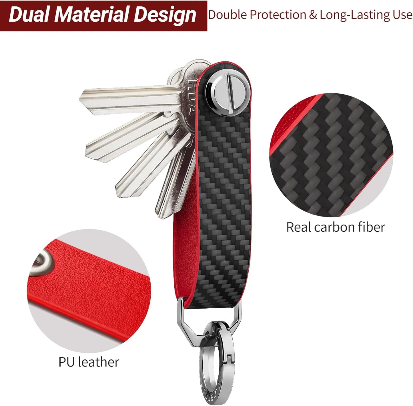 T-carbon Key Organizer, Carbon Fiber Leather Compact Key Holder, Silent Keychain, Expandable Key Case Holds Up to 8 Keys