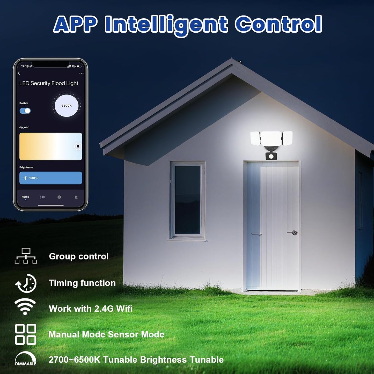 EMANER Smart Security Light Motion Sensor, Compatible with Alexa/Google Home, Adjustable Color Temperature, App Controlled WiFi Flood Light 2800LM Dimmable for Garage Driveway Porch (Black, 1-Pack)