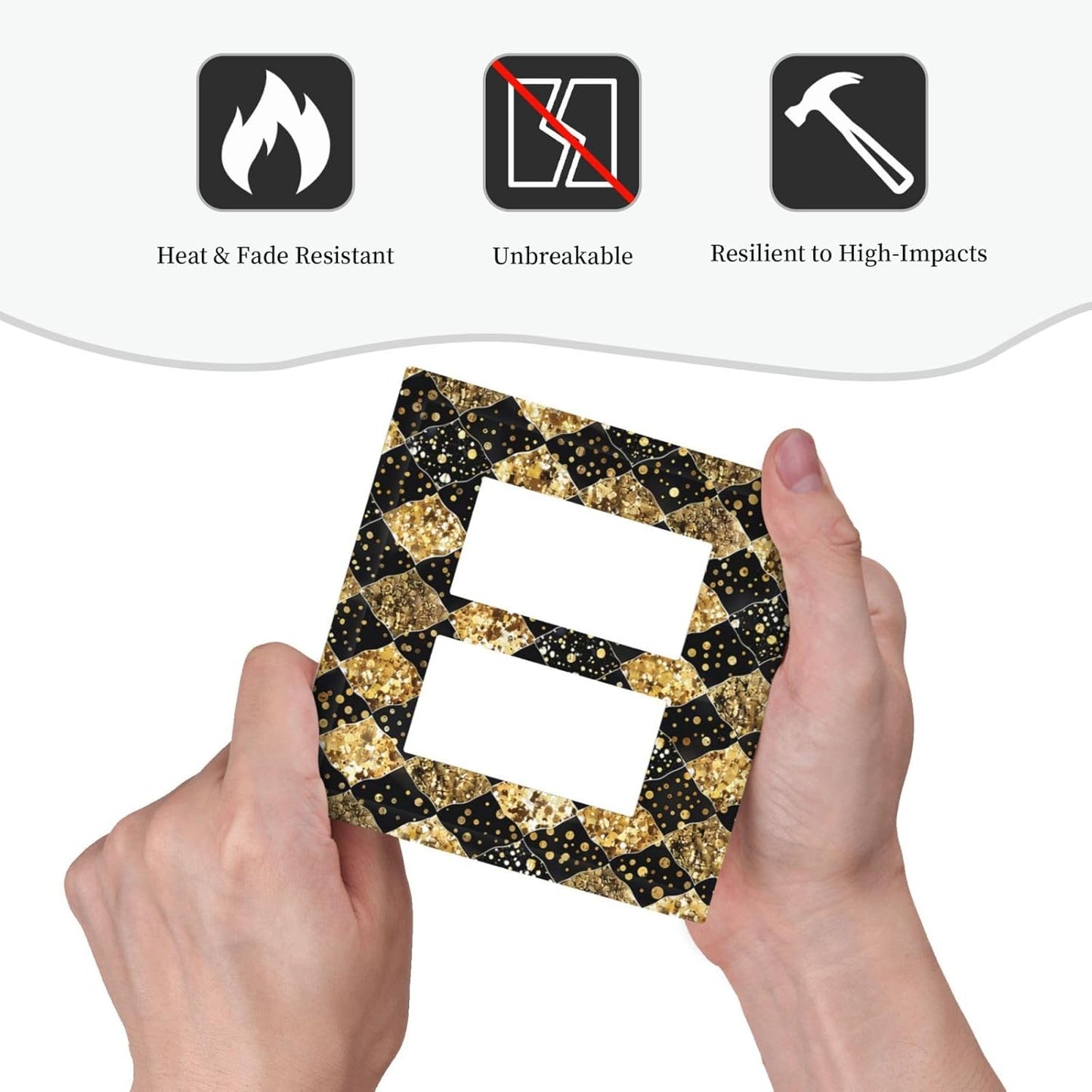 Gold Black Marble Geometric Plaid Glitter Decorative Outlet Covers 2 Gang Double GFCI Rocker Light Switch Cover Plate Electrical Wall Panels for Bedroom Bathroom Decor